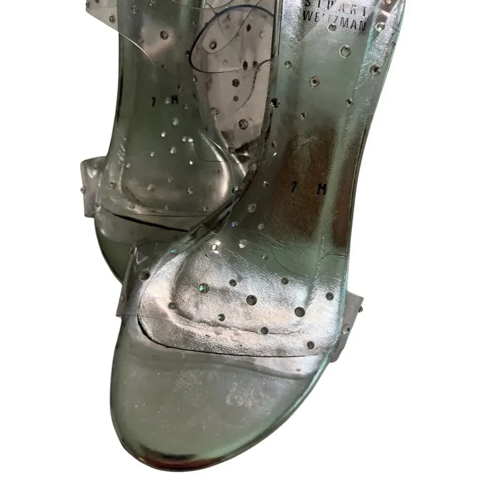 Stuart Weitzman Clear Silver Crystal Embellishments T-Strap Sandal Heels size 7 - Picture 10 of 11